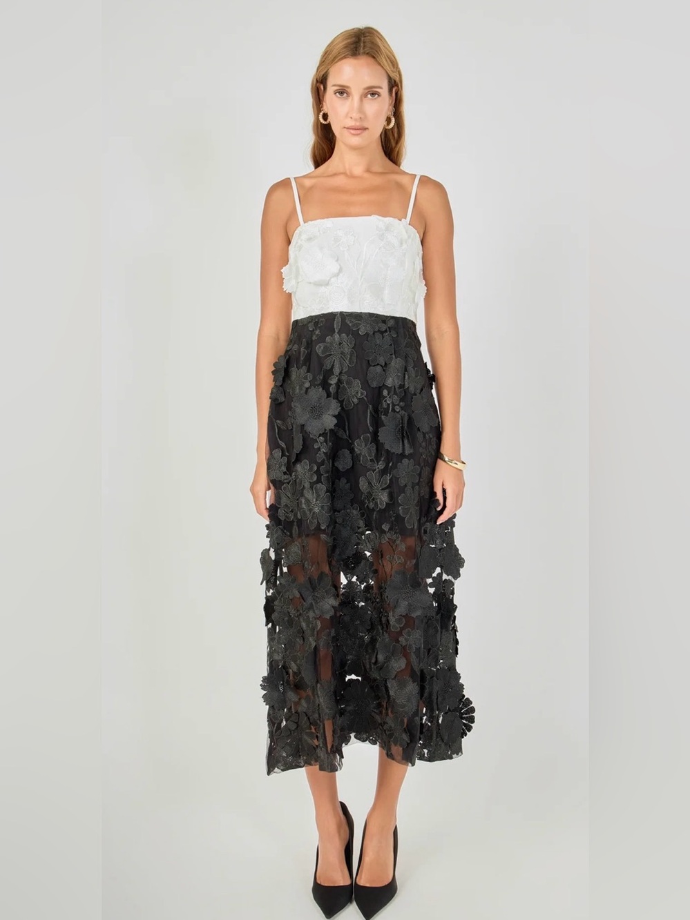Floral colorblock White and Black Lace appliqué Midi Dress